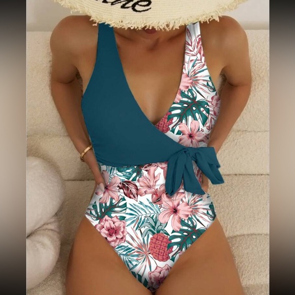 Boho tropical print one tie swimsuit